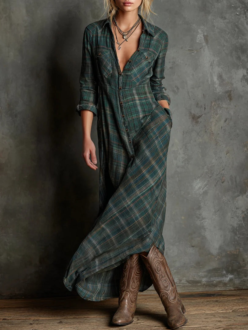 Anna - Long plaid dress made of cotton for spring and autumn