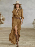 Katarzyna - Linen Long Dress with Reversed Collar and Belt