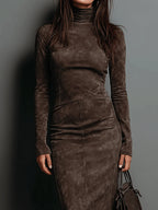 Monika - Long Suede Midi Dress for Fall with Long Sleeves