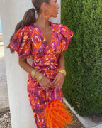 SIMONA | Elegant dress with a V-neck and puff sleeves