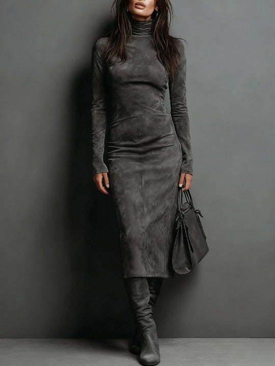 Monika - Long Suede Midi Dress for Fall with Long Sleeves