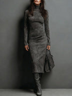 Monika - Long Suede Midi Dress for Fall with Long Sleeves