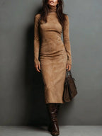 Monika - Long Suede Midi Dress for Fall with Long Sleeves