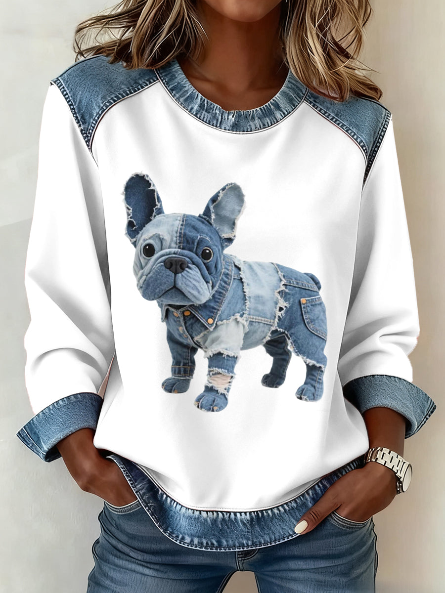 Ladies' sweatshirt with denim patchwork in French bulldog style