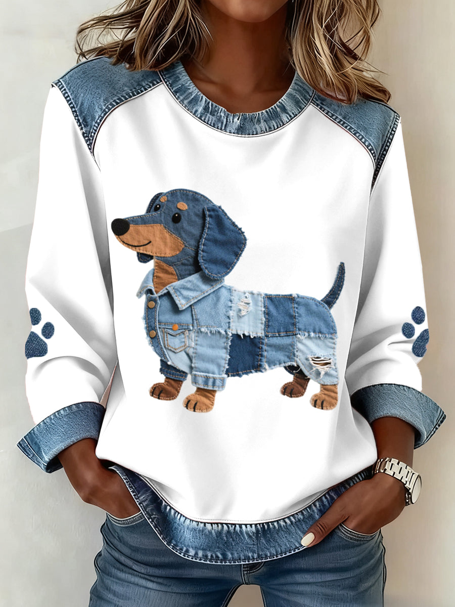 Ladies' sweatshirt with patchwork design and dachshund pattern