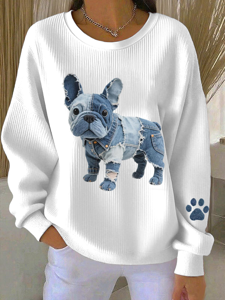 Ladies' sweatshirt with denim patchwork in French bulldog style