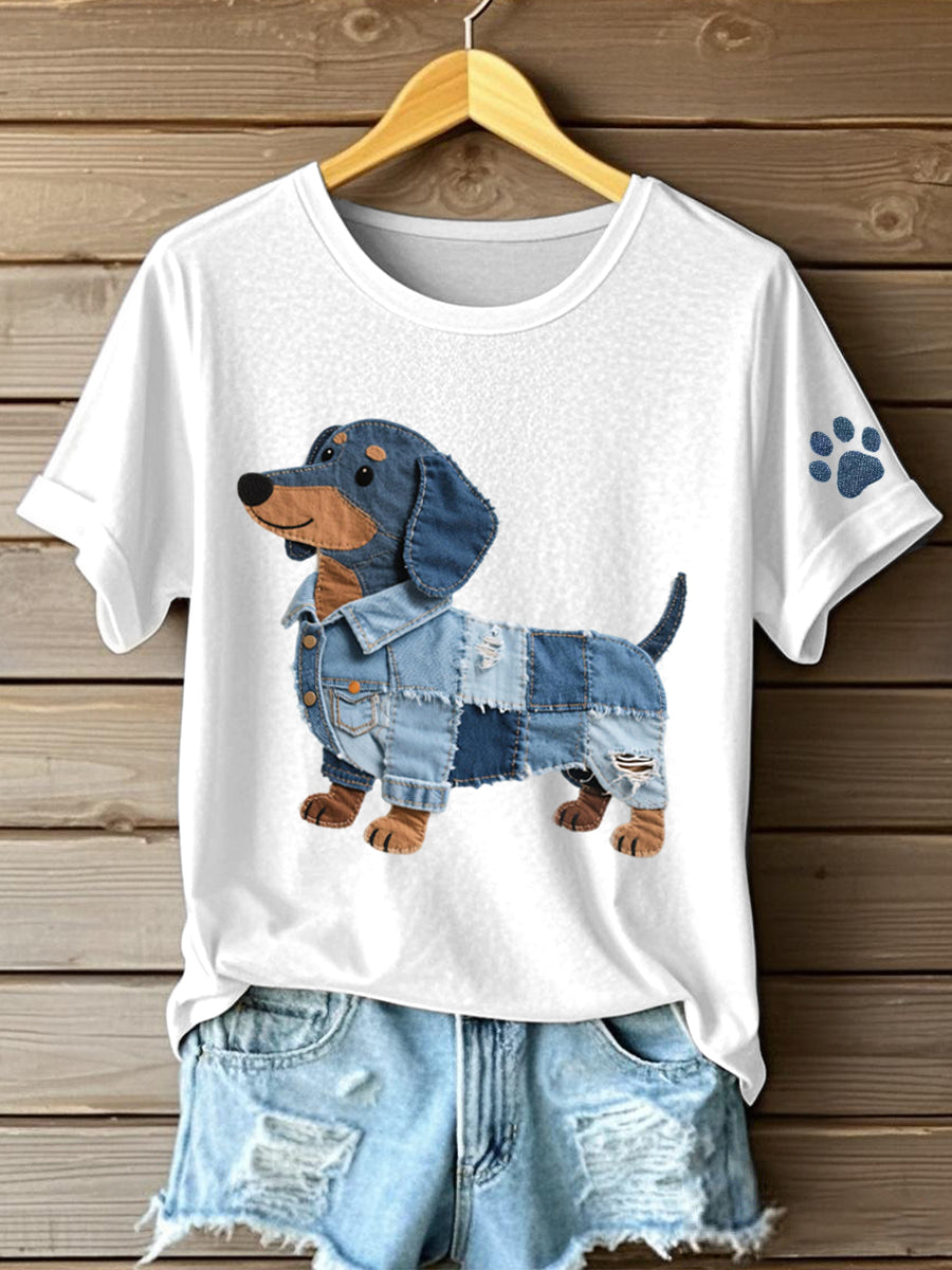 Ladies' Patchwork Art Dachshund Pattern T-Shirt