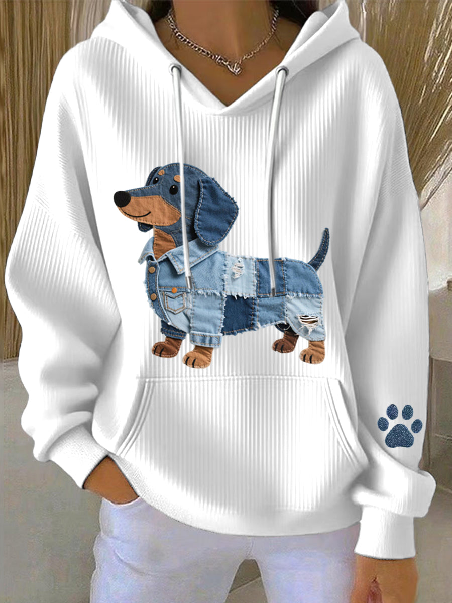 Women's Hoodie Patchwork Art Dog Motif