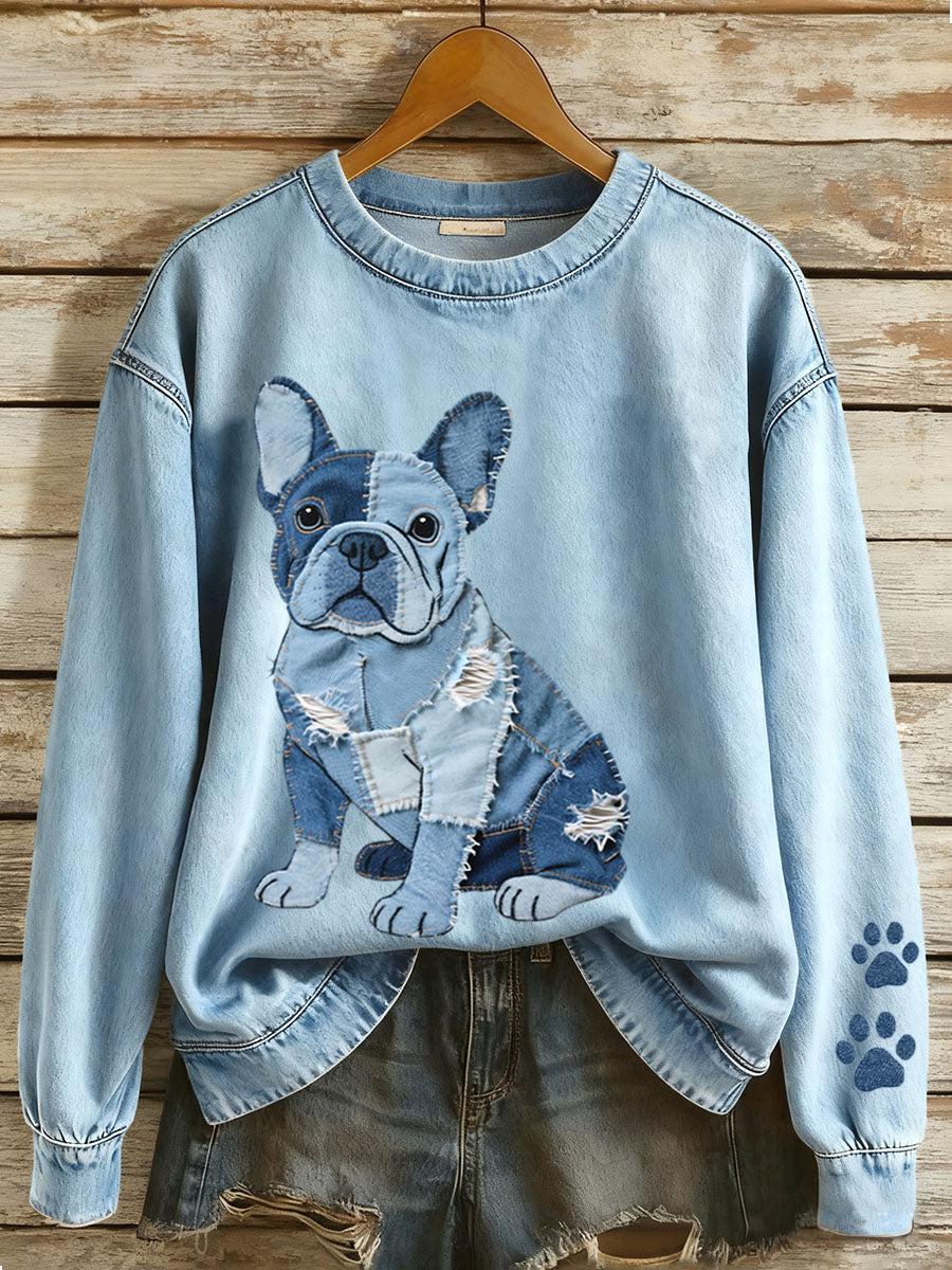 Ladies' sweatshirt with denim patchwork in French bulldog style