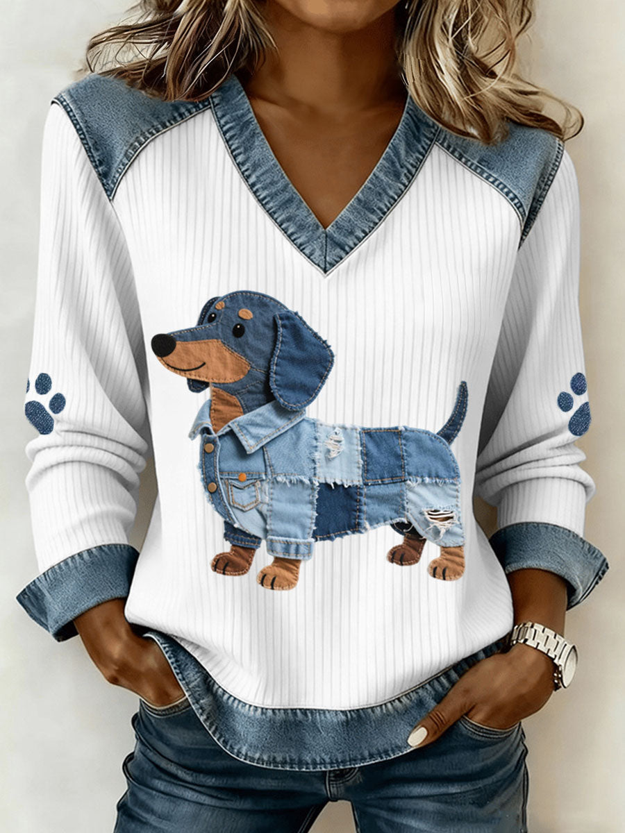Charming ladies' dachshund with artistic denim patchwork and V-neck