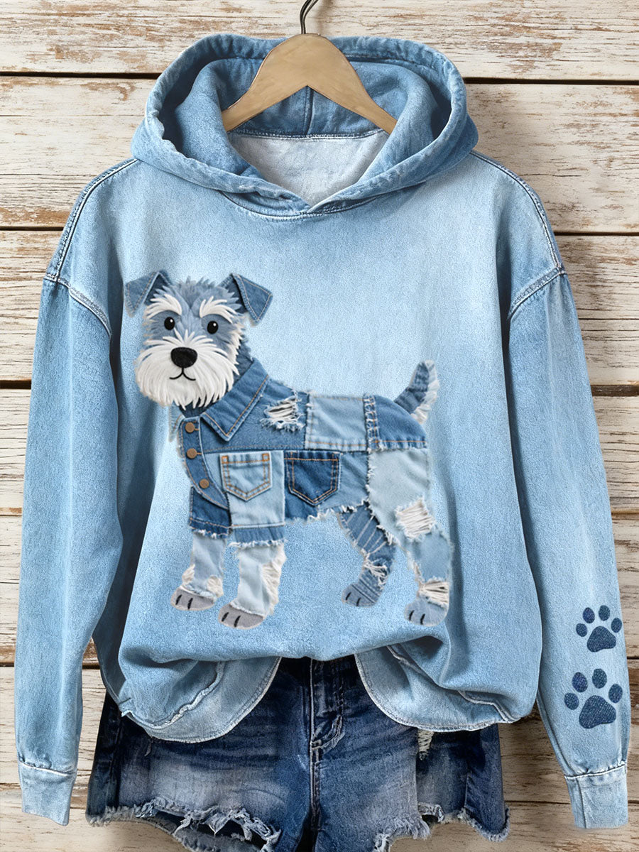 Ladies' Jeans Hoodie Patchwork Art Schnauzer with Dog Motif