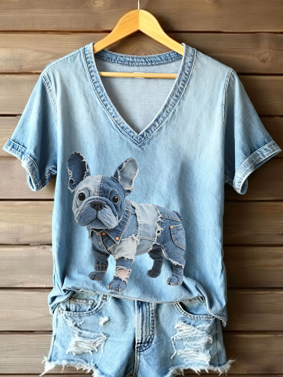 Ladies' V-Neck T-Shirt in French Bulldog Style