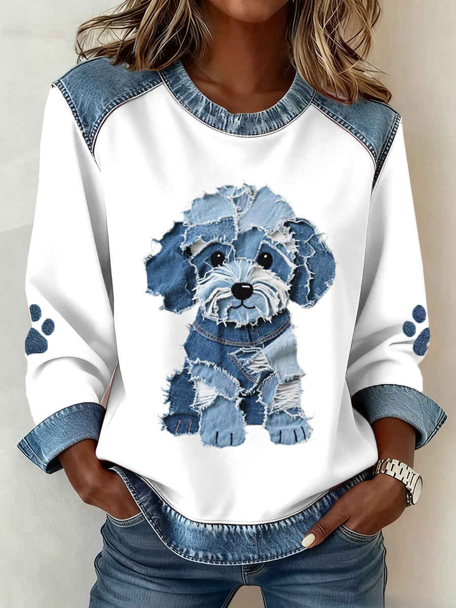 Ladies' sweatshirt with patchwork pattern and denim print of a fluffy dog