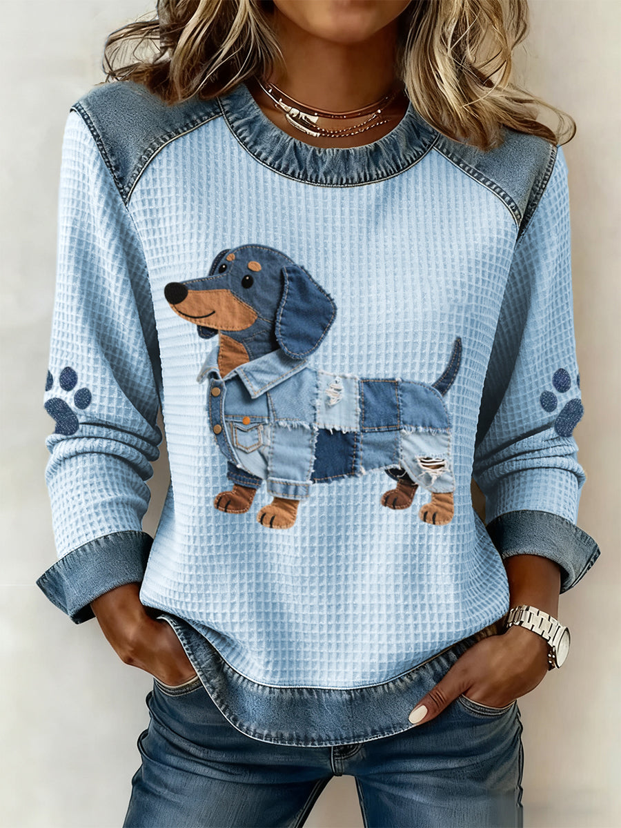 Ladies' sweatshirt with patchwork pattern in a beautiful dachshund design