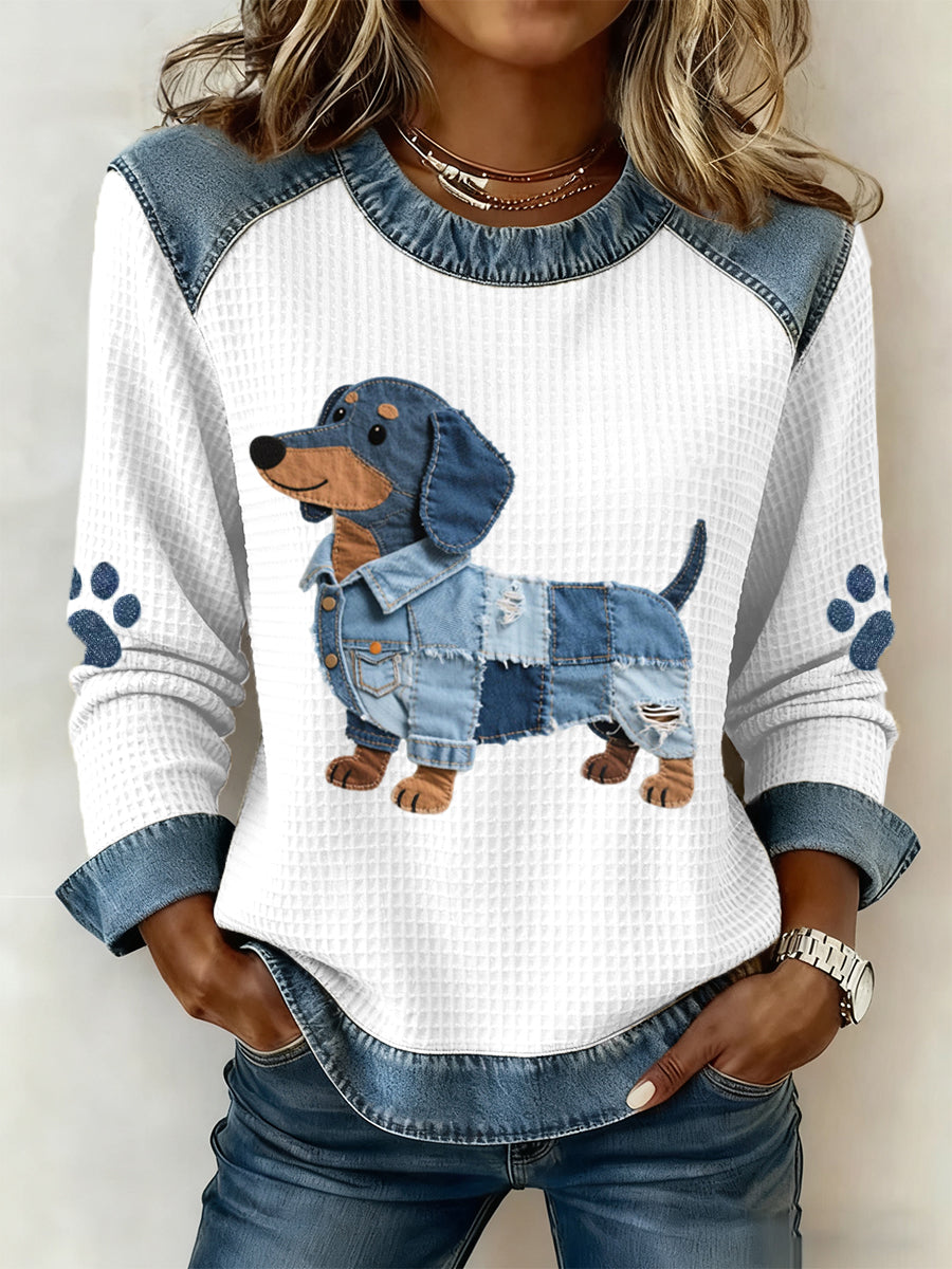 Ladies' sweatshirt with patchwork pattern in a beautiful dachshund design