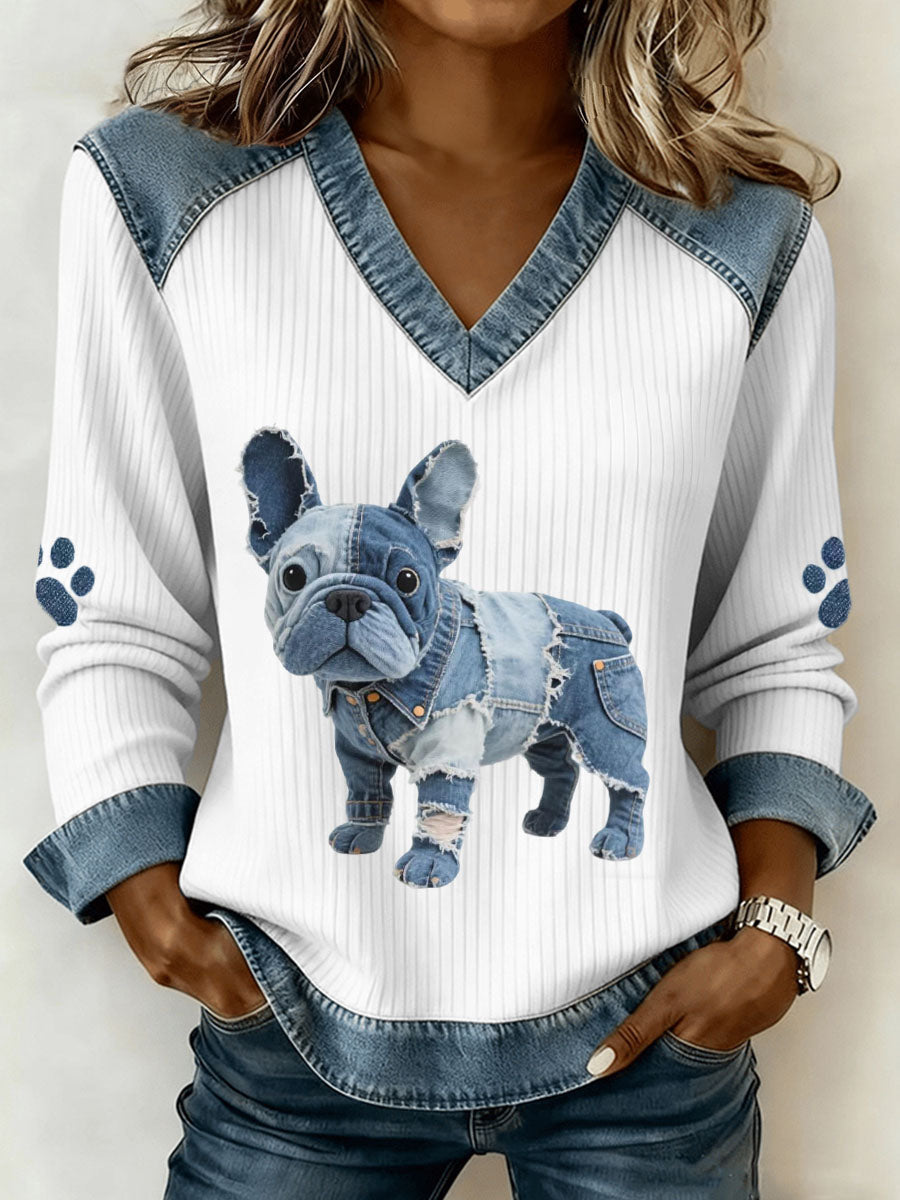 Ladies' French Bulldog Model Jeans Patchwork Artistic Top with V-Neck