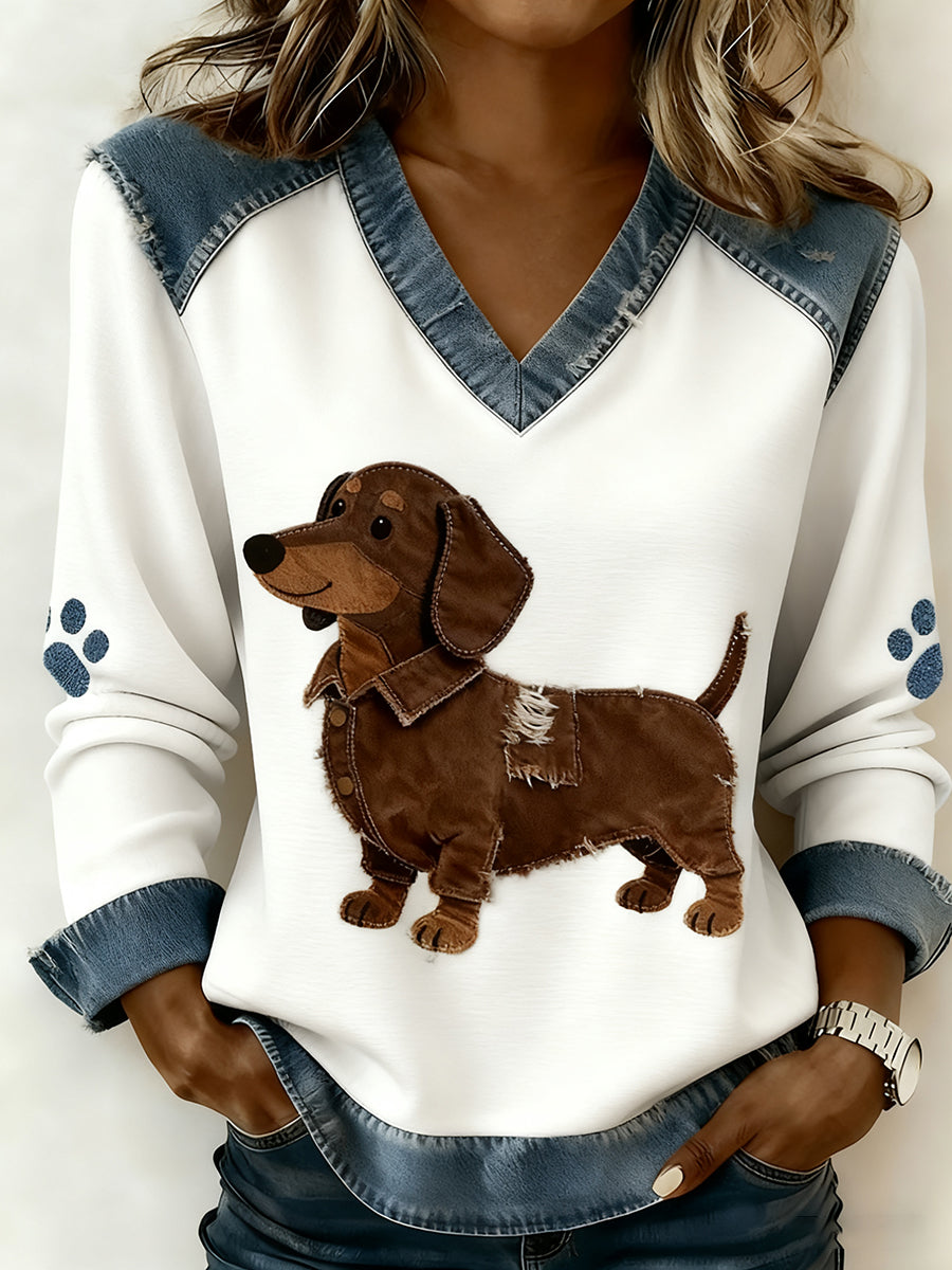 Retro women's top with V-neck, patchwork with animal print, comfortable loose-fitting top