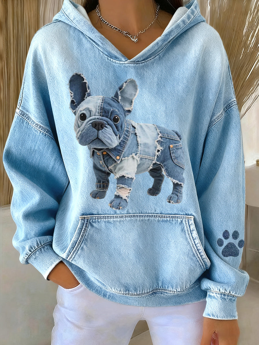Cuddly French Bulldog Hoodie with Denim Patchwork for Women